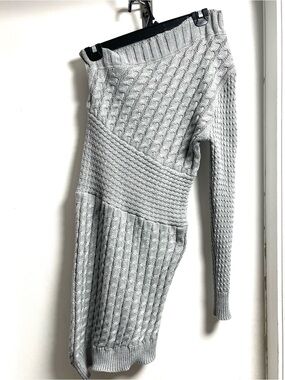 JLUXLABEL Silver Gray One-Shoulder Cable Knit Dress